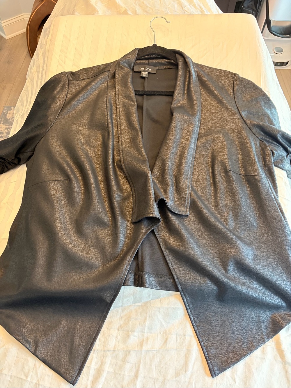 Karen Kane Black Faux Leather Draped Open-Front Jacket